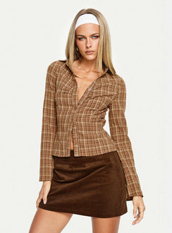   front view of model wearing Princess Polly Araceli Corduroy Mini Skirt Brown Mini Skirts 