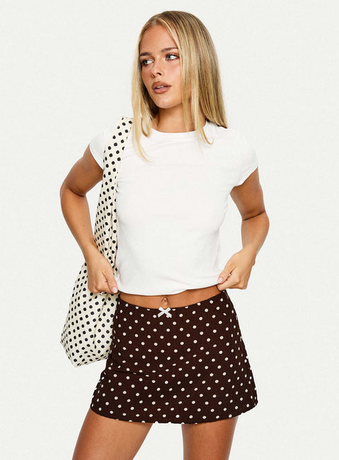   front view of model wearing Princess Polly Tejano Mini Skirt Brown Polka Dot Mini Skirts 