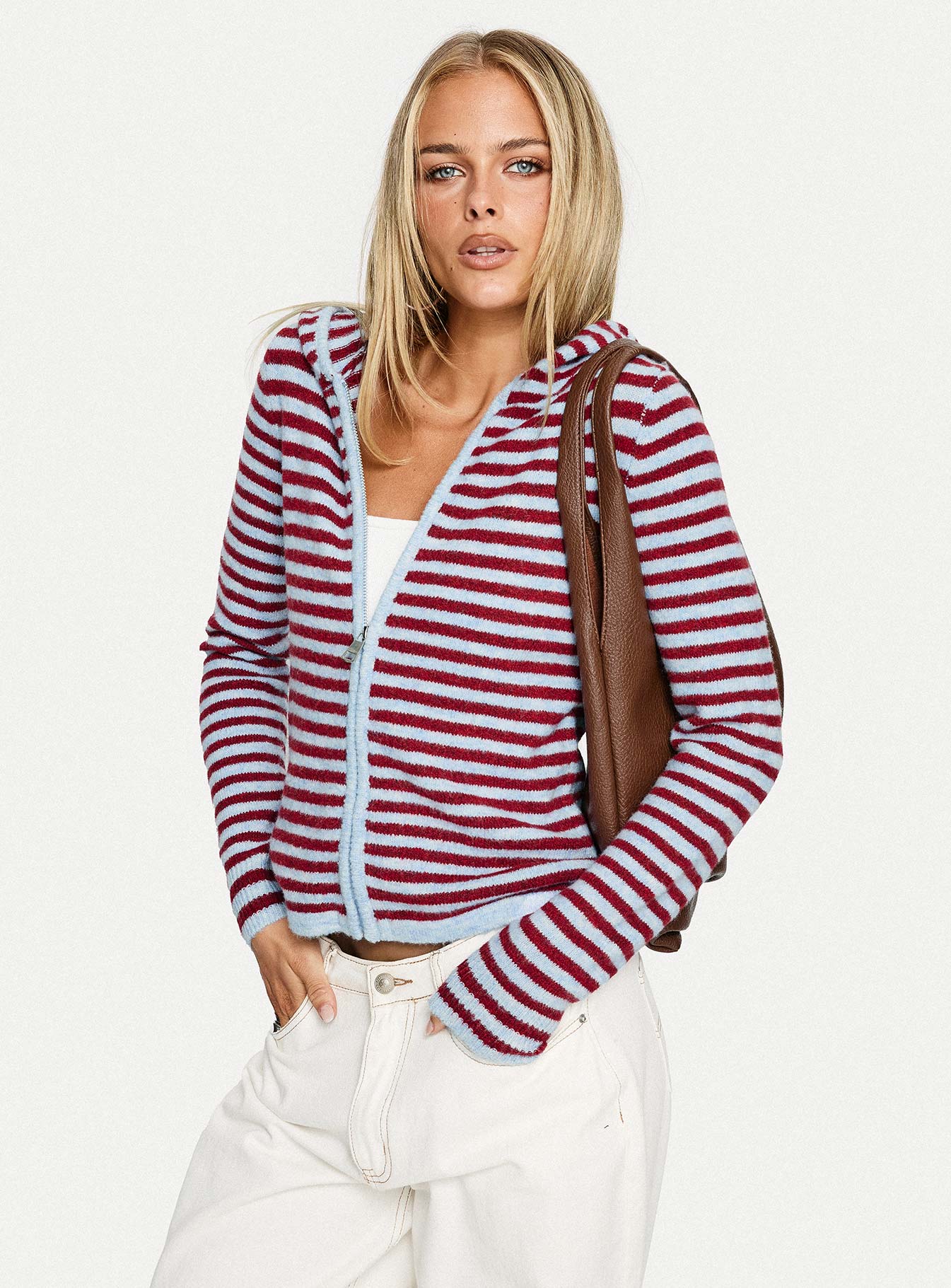 back view of model wearing Princess Polly Superstars Zip Through Hoodie Blue / Red Stripe cropped 