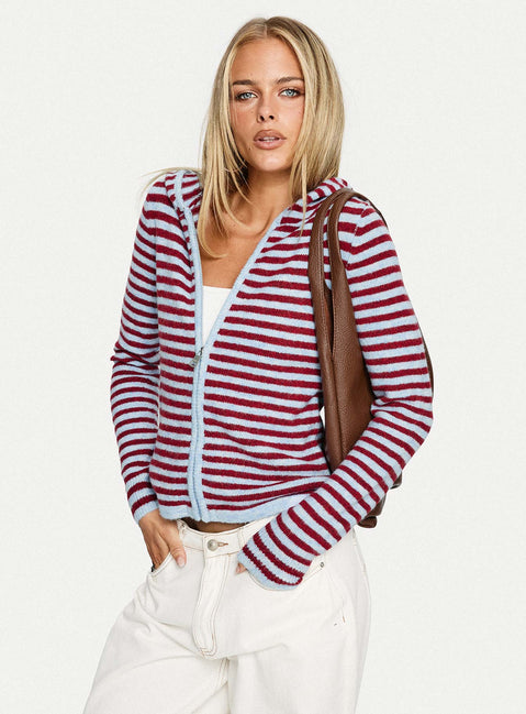 back view of model wearing Princess Polly Superstars Zip Through Hoodie Blue / Red Stripe cropped 