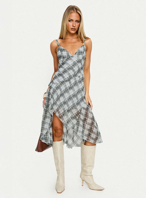 Murisa Asymmetrical Midi Dress Navy Check | Princess Polly Murisa Asymmetrical Midi Dress Navy Check | Princess Polly