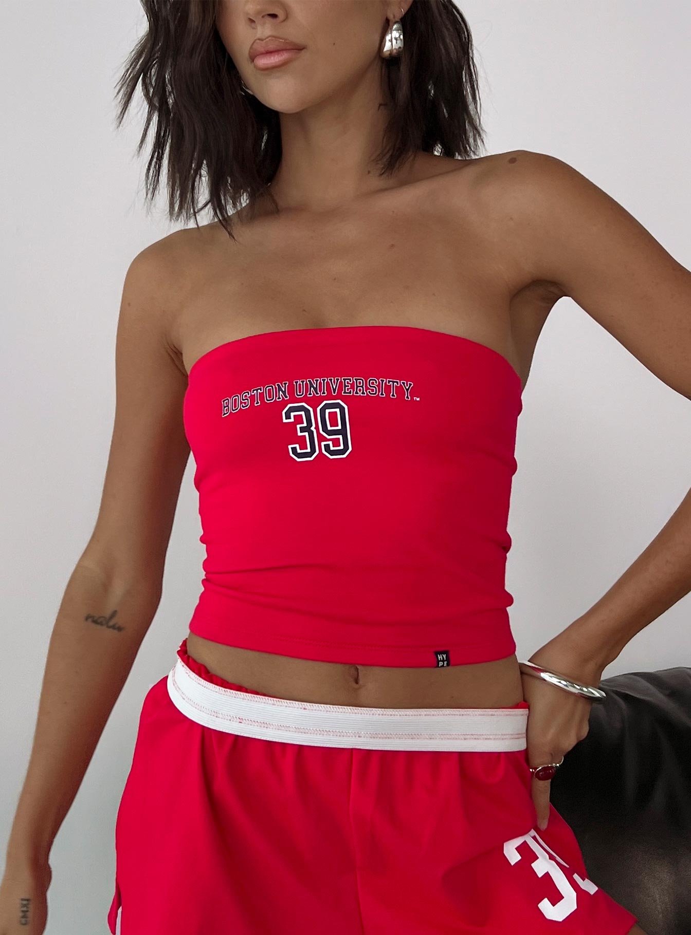 front view of model wearing Princess Polly Boston University Tube Top Red Sleeveless straight 