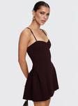 side view of model wearing Princess Polly Abdul Mini Dress Wine Sweetheart Neckline 