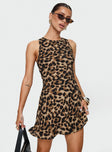 side view of model wearing Princess Polly Vivre Mini Dress Leopard Crew Neck 