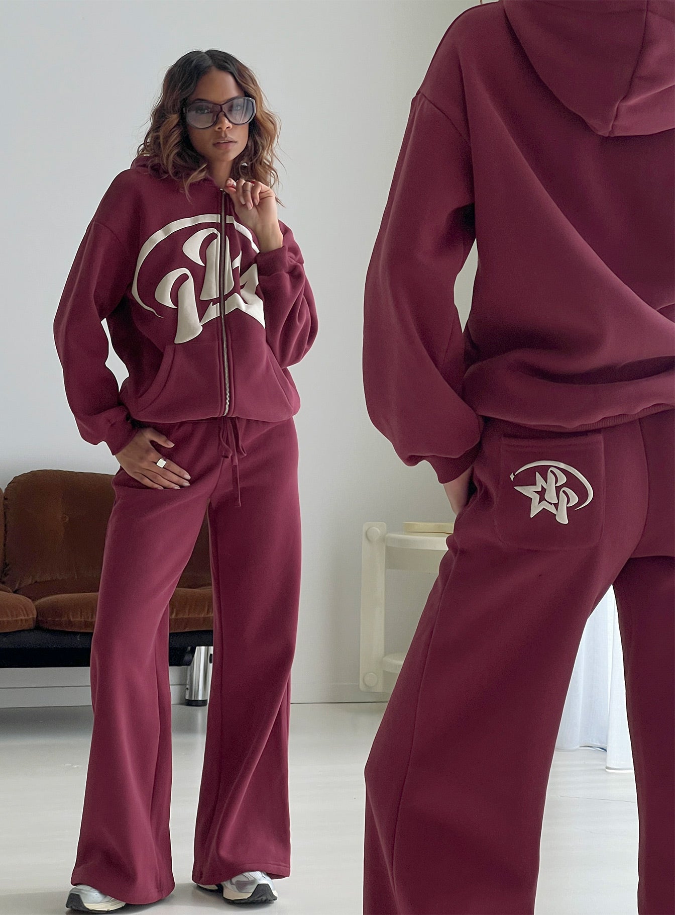 side view of model wearing Princess Polly Princess Polly Stargirl Wide Leg Sweat Pants Burgundy High Rise Pants 