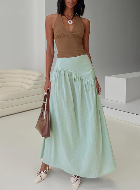   front view of model wearing Princess Polly Yasemine Maxi Skirt Green / White Maxi 