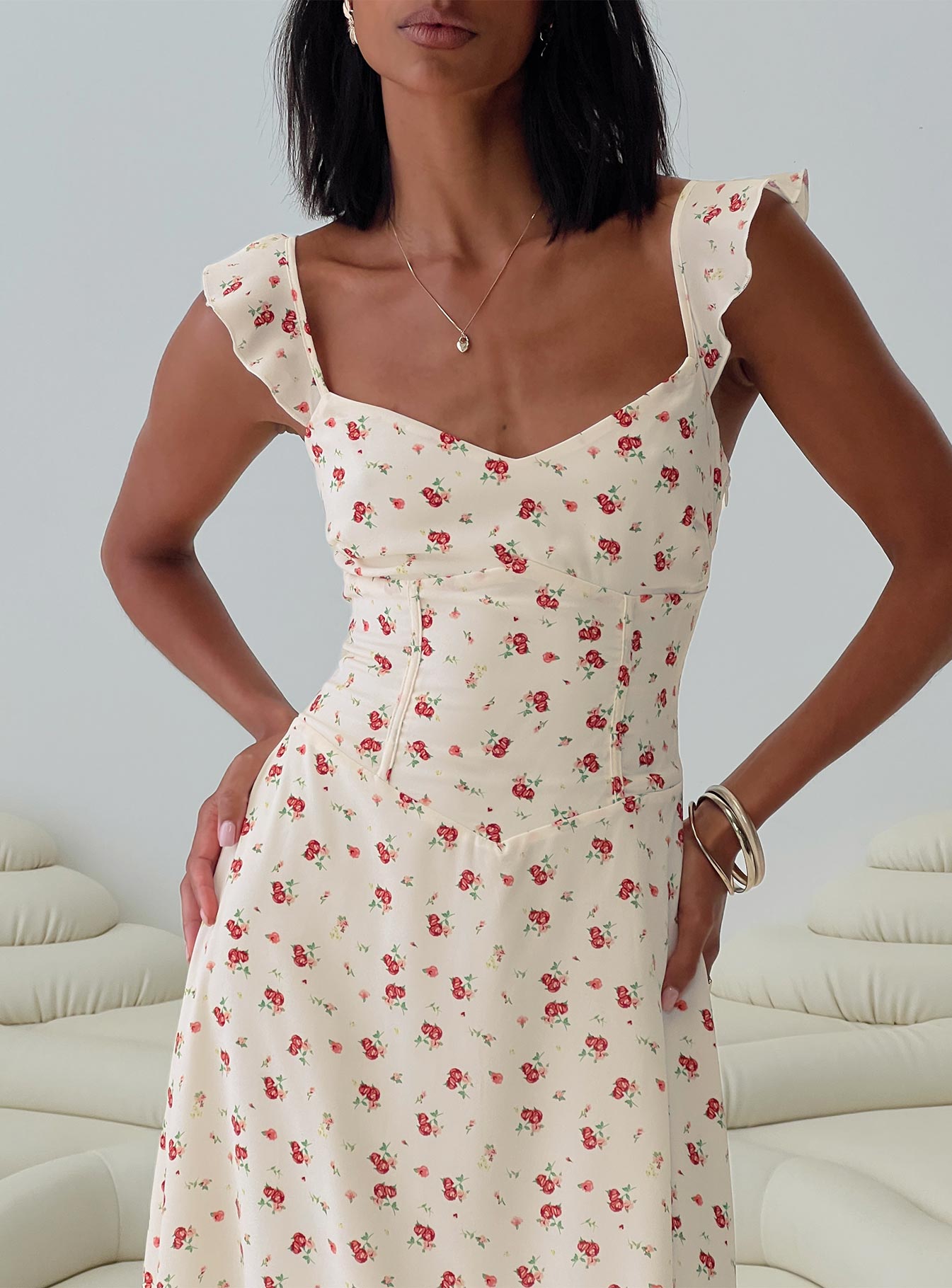 front view of model wearing Princess Polly Maryana Maxi Dress Cream / Multi Sweetheart Neckline 