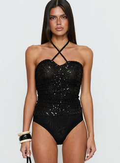 front view of model wearing Princess Polly Edana Ruched Sequin Bodysuit Black Sleeveless 