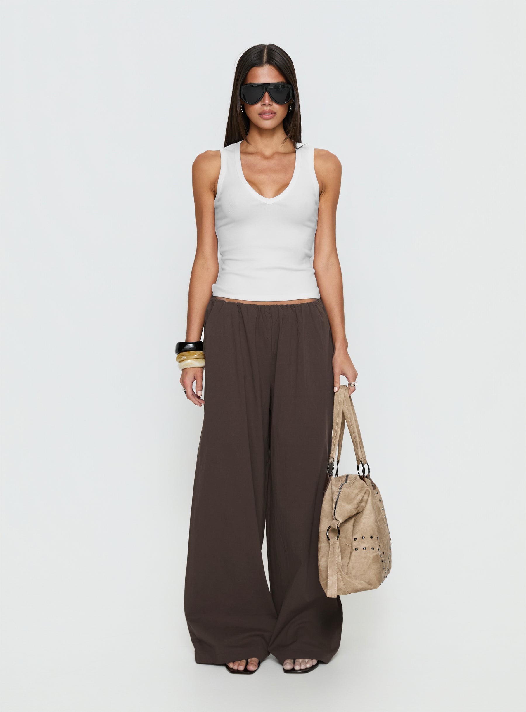 Crafted with Lunea Concealed Waistband Pants Brown Tall in womens regular pants with high-rise on-body view of model wearing Princess Polly