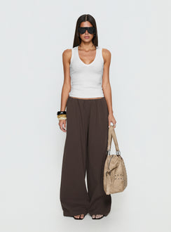 Crafted with Lunea Concealed Waistband Pants Brown Tall in womens regular pants with high-rise on-body view of model wearing Princess Polly