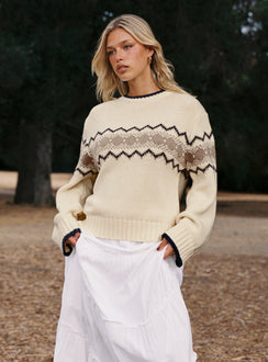 side view of model wearing Princess Polly Madalynn Knit Graphic Jumper Beige Long 