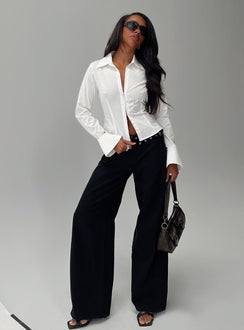 side view of model wearing Princess Polly By The Phone Long Sleeve Collared Top White Full Sleeves V-Neck 