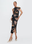 front view of model wearing Princess Polly Goldrush Maxi Dress Black Floral Asymmetric Neckline 