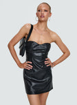 front view of model wearing Princess Polly Hotline Faux Leather Mini Dress Black Sweetheart Neckline 