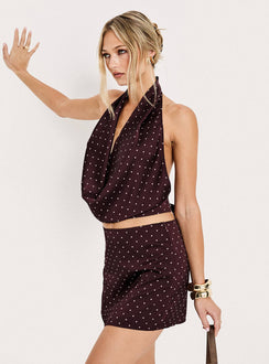 back view of model wearing Princess Polly Keiana Mini Skirt Burgundy / Pink Polka Mini Skirts 