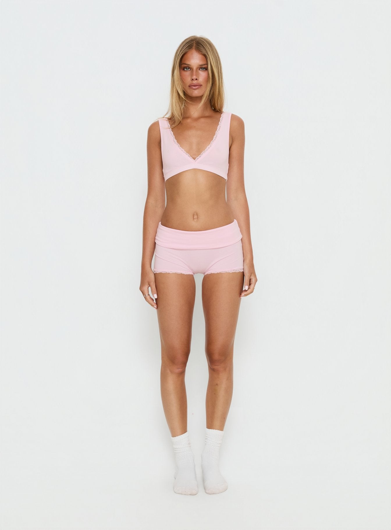 Serae Lace Trim Foldover Micro Shorts Pink