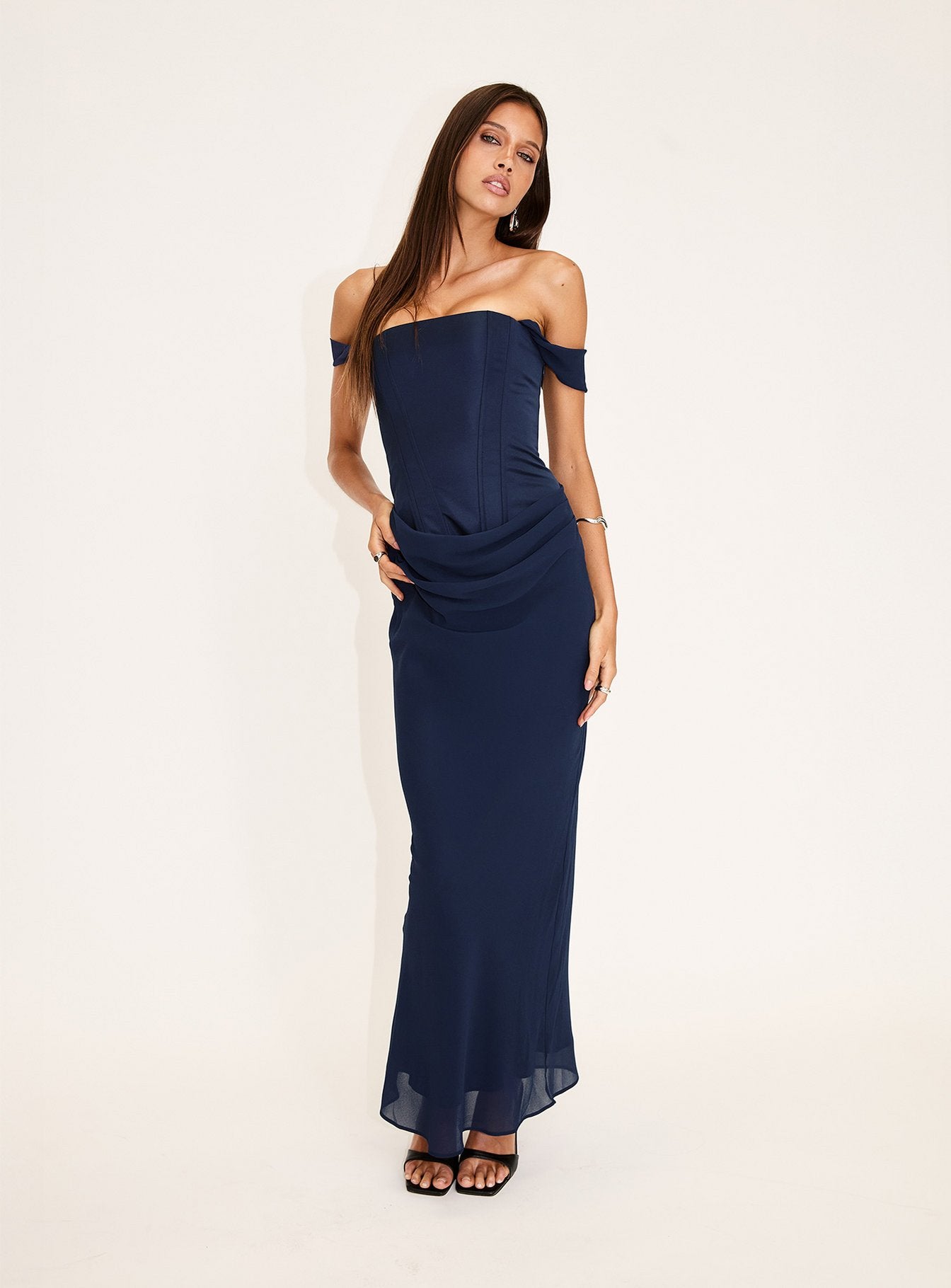 Joslyne Off Shoulder Corset Maxi Dress Navy | Princess Polly Joslyne Off Shoulder Corset Maxi Dress Navy | Princess Polly