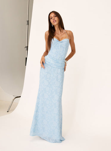 strapless open back dress Long Blue Tulle Prom Dresses,White Appliques Princess Dress, Wedding P –  Cutedressy main image 1