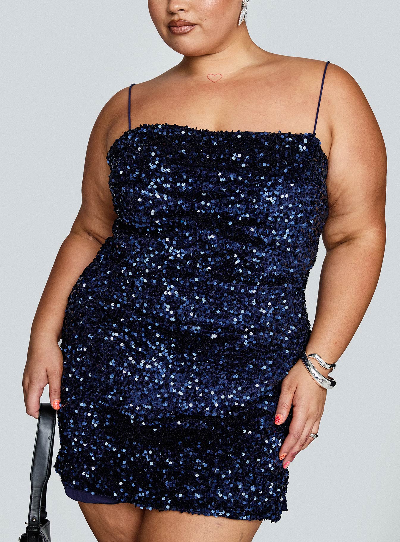 front view of model wearing Princess Polly Layney Sequin Mini Dress Navy Curve Square Neck 
