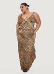 back view of model wearing Princess Polly Sanctuary Maxi Dress Leopard Curve Plunger 