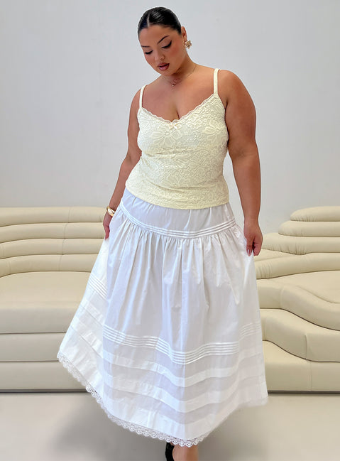 back view of model wearing Princess Polly Calling For You Flowy Maxi Skirt White Curve Maxi Skirts 