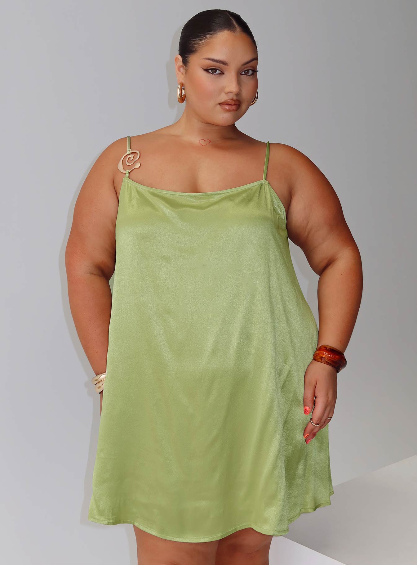 front view of model wearing Princess Polly Apple Cider Mini Dress Green Curve Square Neck 