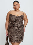 front view of model wearing Princess Polly Sugar Mini Dress Leopard Curve Cowl Neck 