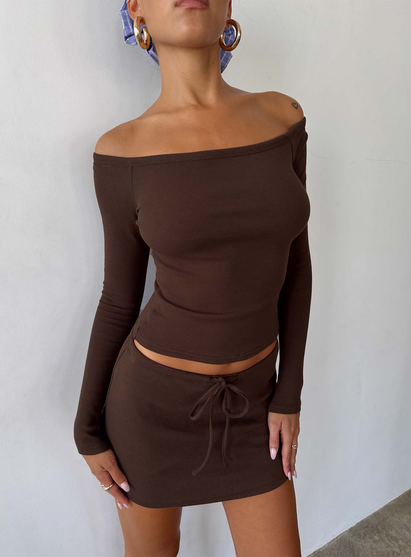Baseline Off Shoulder Top Brown