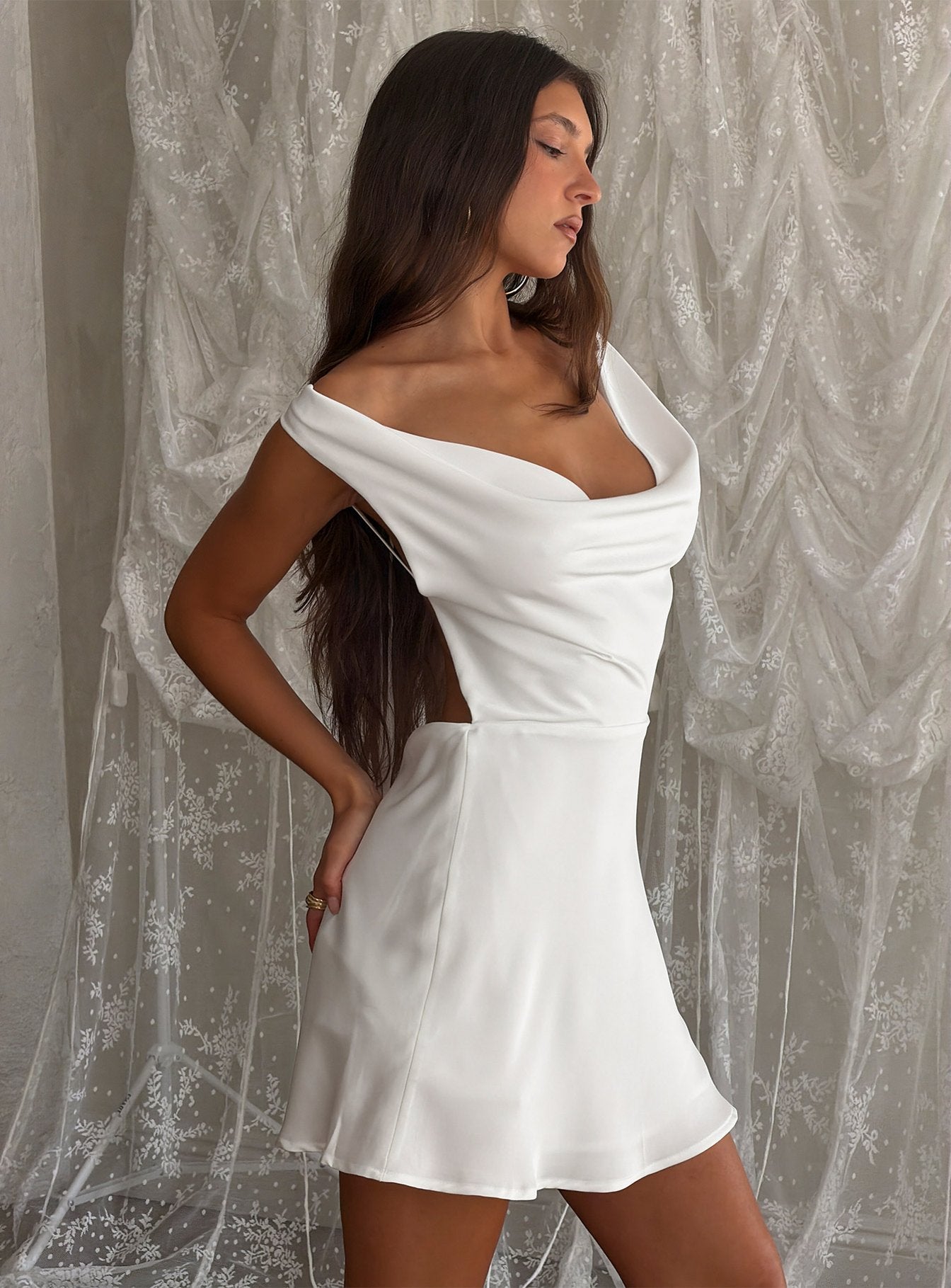 white satin plunge dress A-line White Satin Plunge V Long Court Wedding Dress, Bows