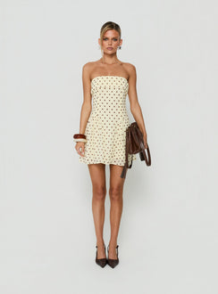 Dalona Strapless Drop Waist Mini Dress Yellow Polka Dot