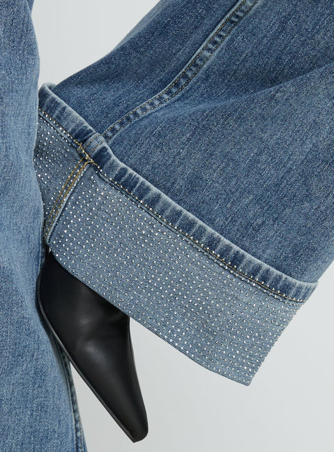 product Princess Polly Ramos Diamante Low Rise Wide Leg Jeans Washed Mid Blue Low Rise Jeans 
