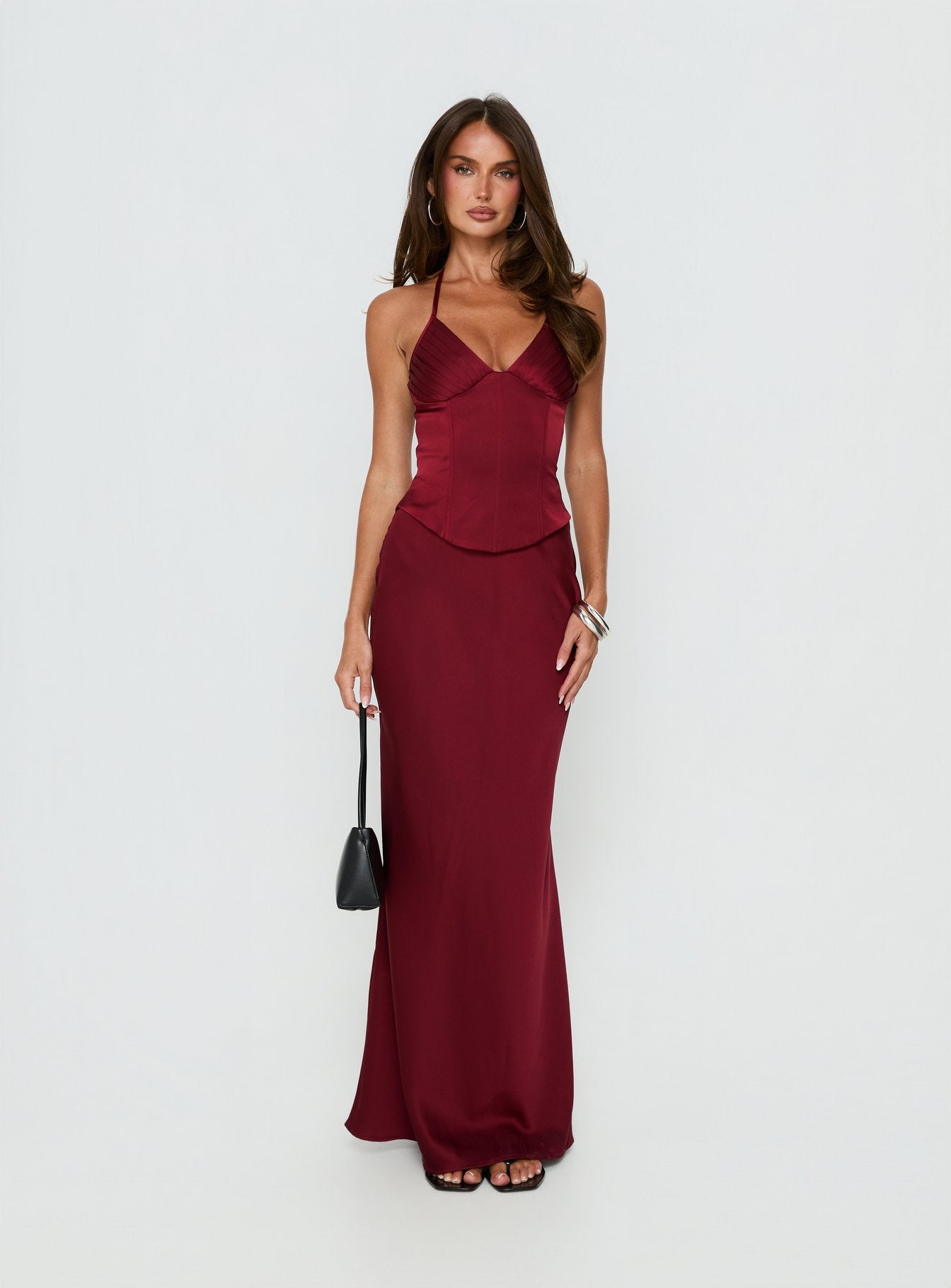 Devotedness Satin Corset Maxi Dress Deep Red