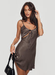 side view of model wearing Princess Polly Linger Bias Cut Dress Brown Petite Scoop Neck 