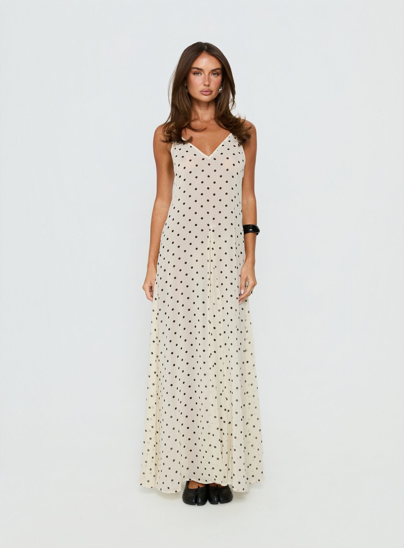 Loulah Sheer Chiffon Maxi Dress Cream Polka Dot