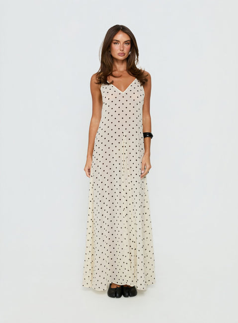Loulah Sheer Chiffon Maxi Dress Cream Polka Dot