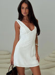 front view of model wearing Princess Polly Tortellini Mini Dress White / Black Stripe Plunger 