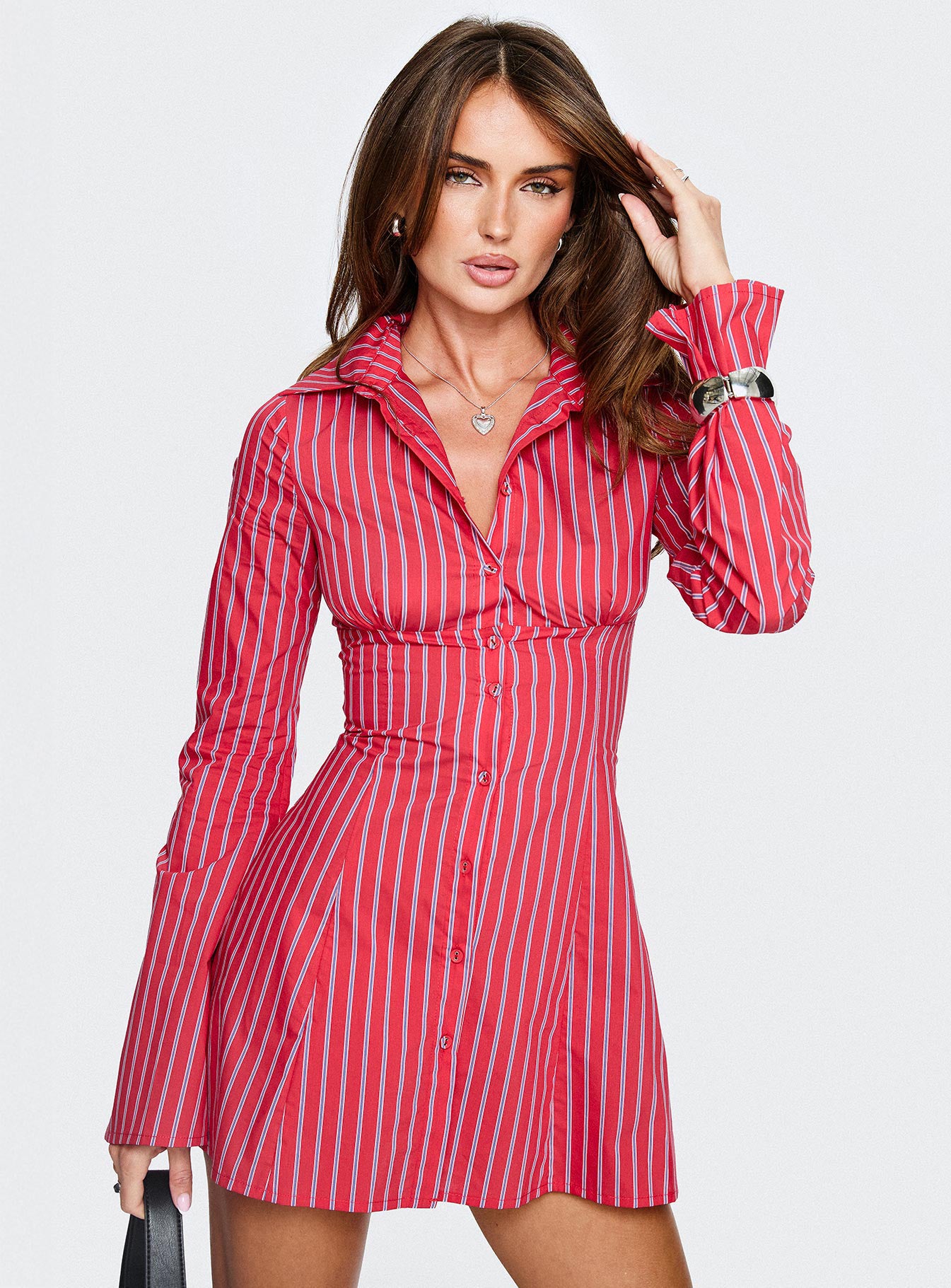 Tawni Long Sleeve Shirt Mini Dress Red Stripe Tawni Long Sleeve Shirt Mini Dress Red Stripe