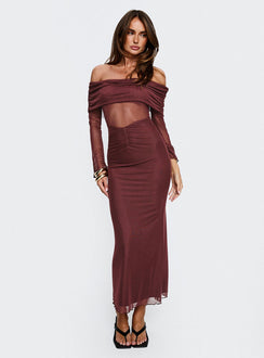 Velouria Off Shoulder Long Sleeve Maxi Dress Brown