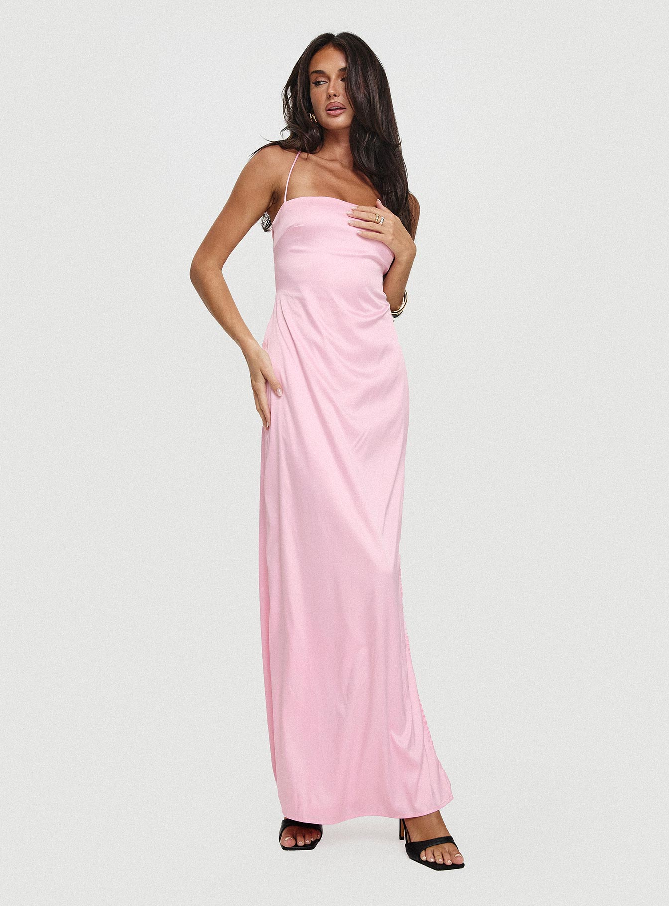 front view of model wearing Princess Polly Roselyn Maxi Dress Pink Straight Neck 