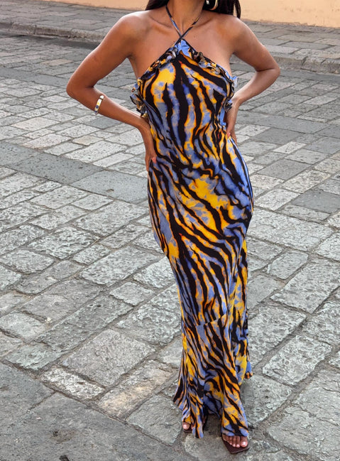 Virginia Beach Backless Maxi Dress Blue Zebra | Princess Polly Virginia Beach Backless Maxi Dress Blue Zebra | Princess Polly