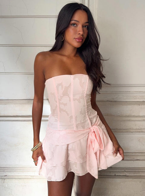 Azuriah Chiffon Strapless Corset Tiered Mini Dress Pink