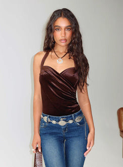 back view of model wearing Princess Polly Ruelle Halter Bodysuit Brown Sleeveless 