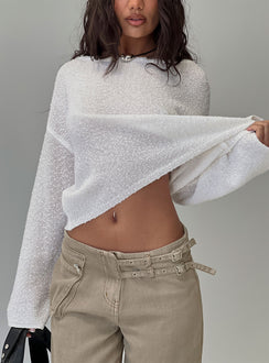 front view of model wearing Princess Polly Riala Off Shoulder Knit Sweater White cropped 