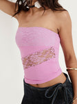 side view of model wearing Princess Polly Leary Strapless Top Pink Sleeveless straight 