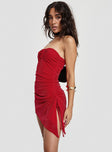 side view of model wearing Princess Polly Maple Syrup Strapless Mini Dress Red Straight Neck 