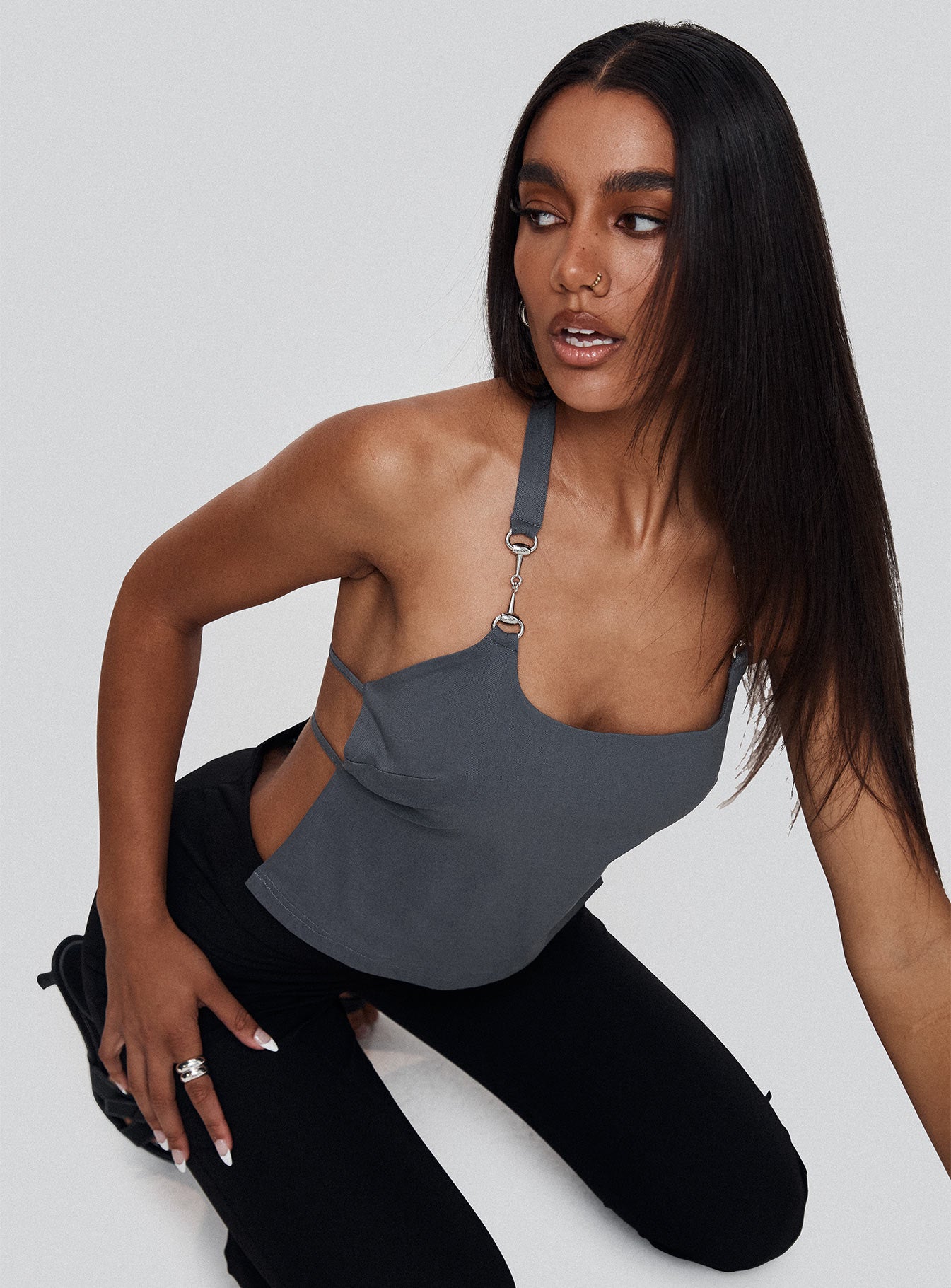 front view of model wearing Princess Polly Eyes On You Backless Top Slate Sleeveless Scoop Neck 