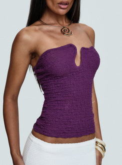 back view of model wearing Princess Polly Secret Moments Strapless Top Purple Sleeveless Plunger 