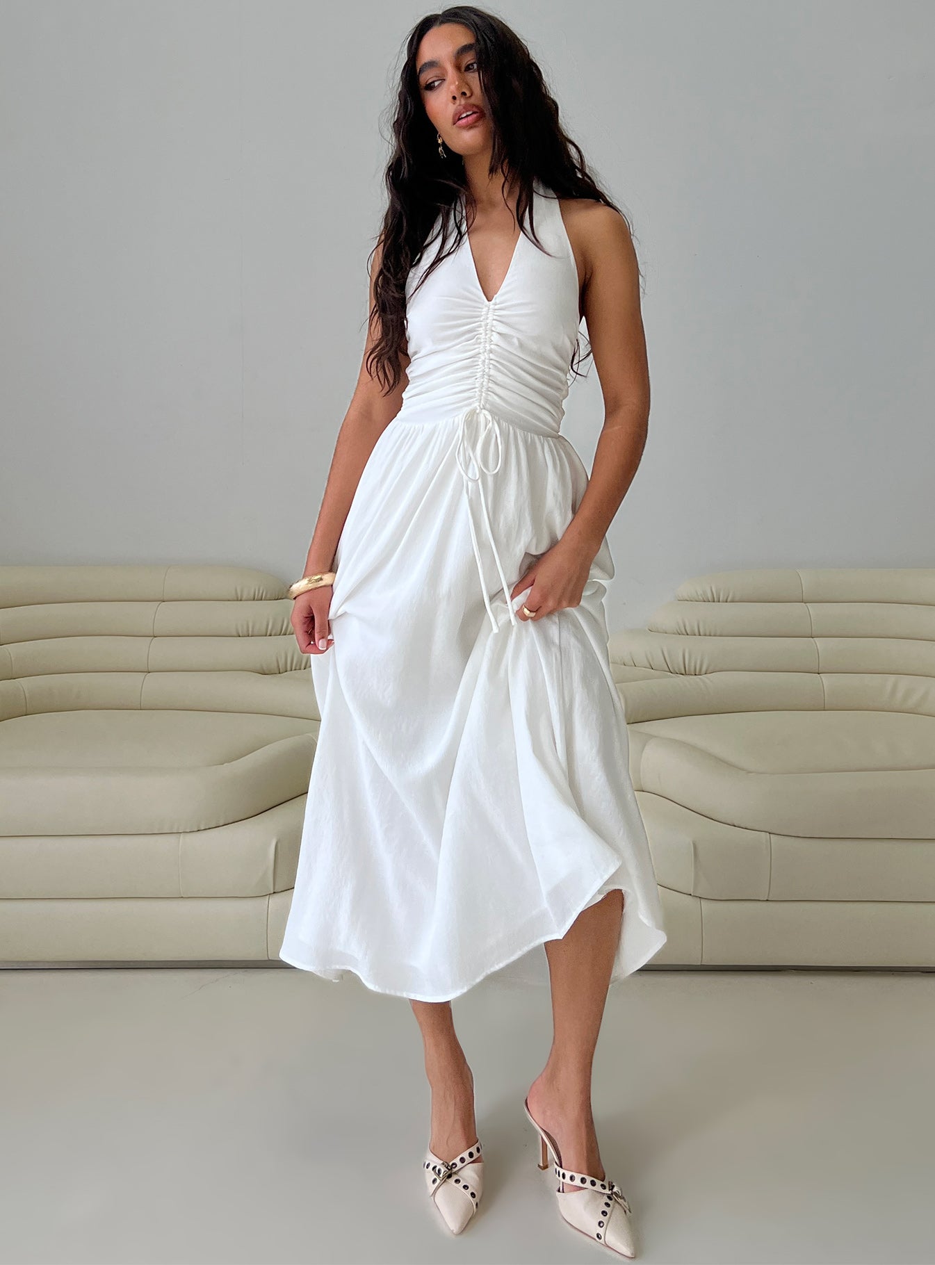 Jozefine Halter Ruche Maxi Dress White | Princess Polly Jozefine Halter Ruche Maxi Dress White | Princess Polly
