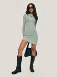 Long sleeve mini dress Knit material, high neckline, asymmetric hem