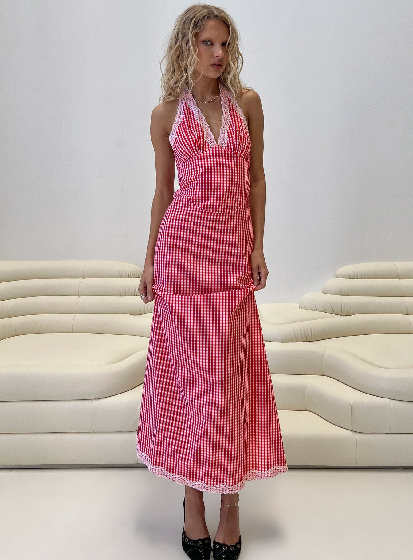 Betsie Halter Lace Maxi Dress Red Polka | Princess Polly Betsie Halter Lace Maxi Dress Red Polka | Princess Polly
